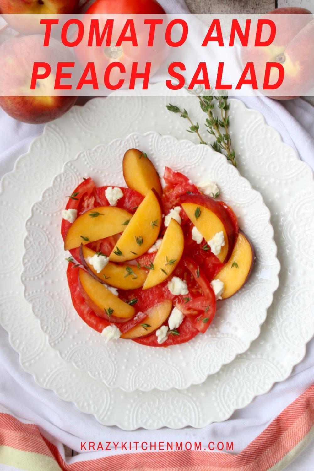 Peach Tomato Salad with honey goat cheese, fresh thyme, drizzled with blood orange infused olive oil and honey. via @krazykitchenmom