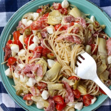 bowl of spaghetti salad on a blue and white checked cloth