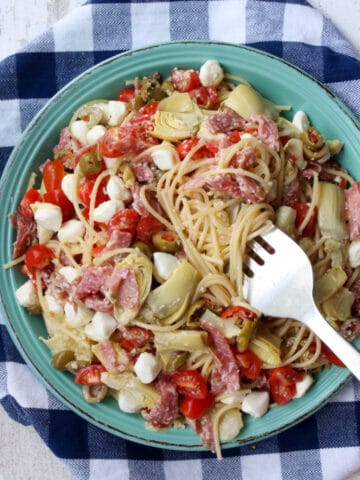 bowl of spaghetti salad on a blue and white checked cloth