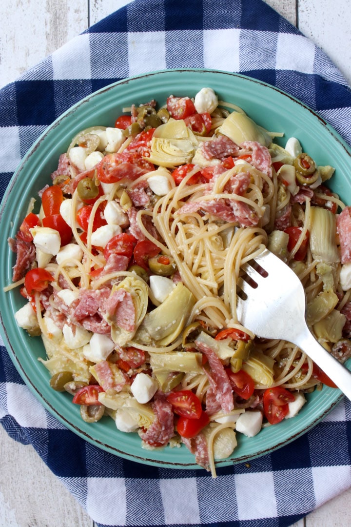 bowl of spaghetti salad on a blue and white checked cloth