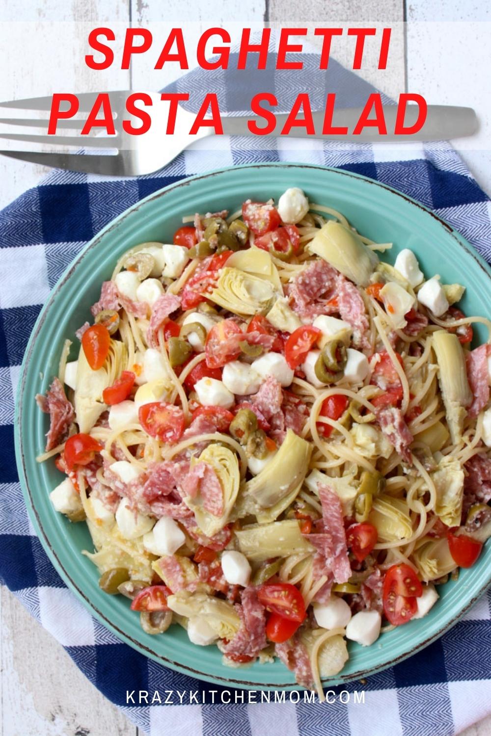 A classic summer pasta salad loaded with veggies and salami tossed in a robust zingy parmesan salad dressing.  via @krazykitchenmom