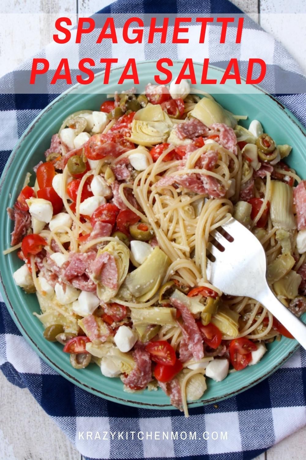 A classic summer pasta salad loaded with veggies and salami tossed in a robust zingy parmesan salad dressing.  via @krazykitchenmom