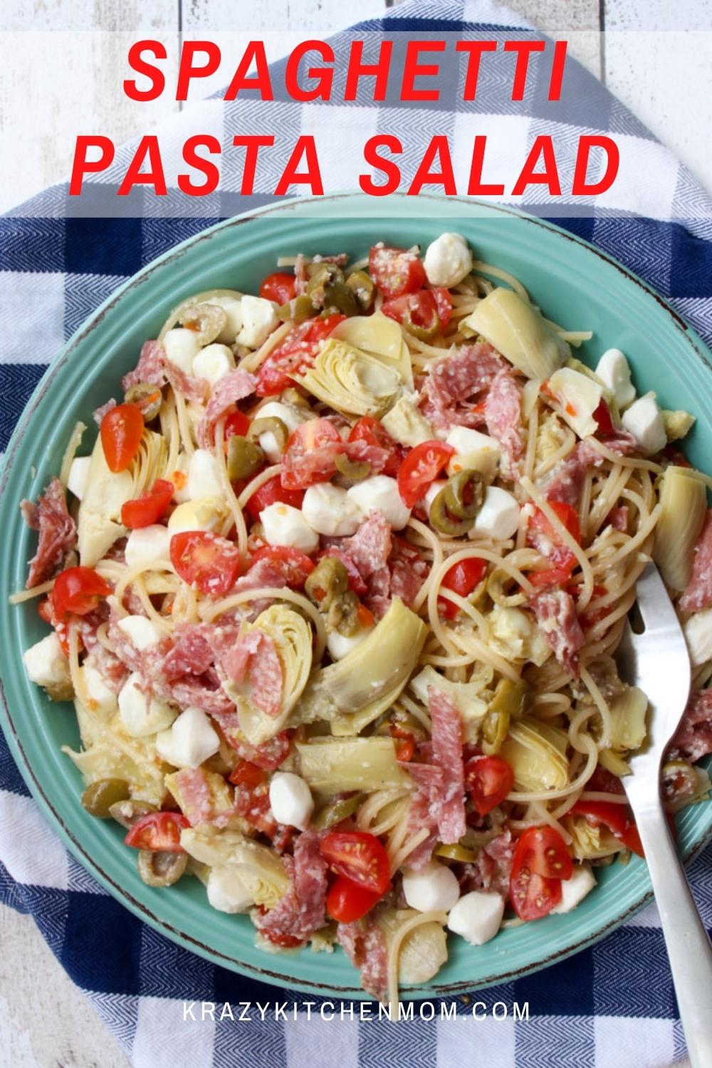 A classic summer pasta salad loaded with veggies and salami tossed in a robust zingy parmesan salad dressing.  via @krazykitchenmom