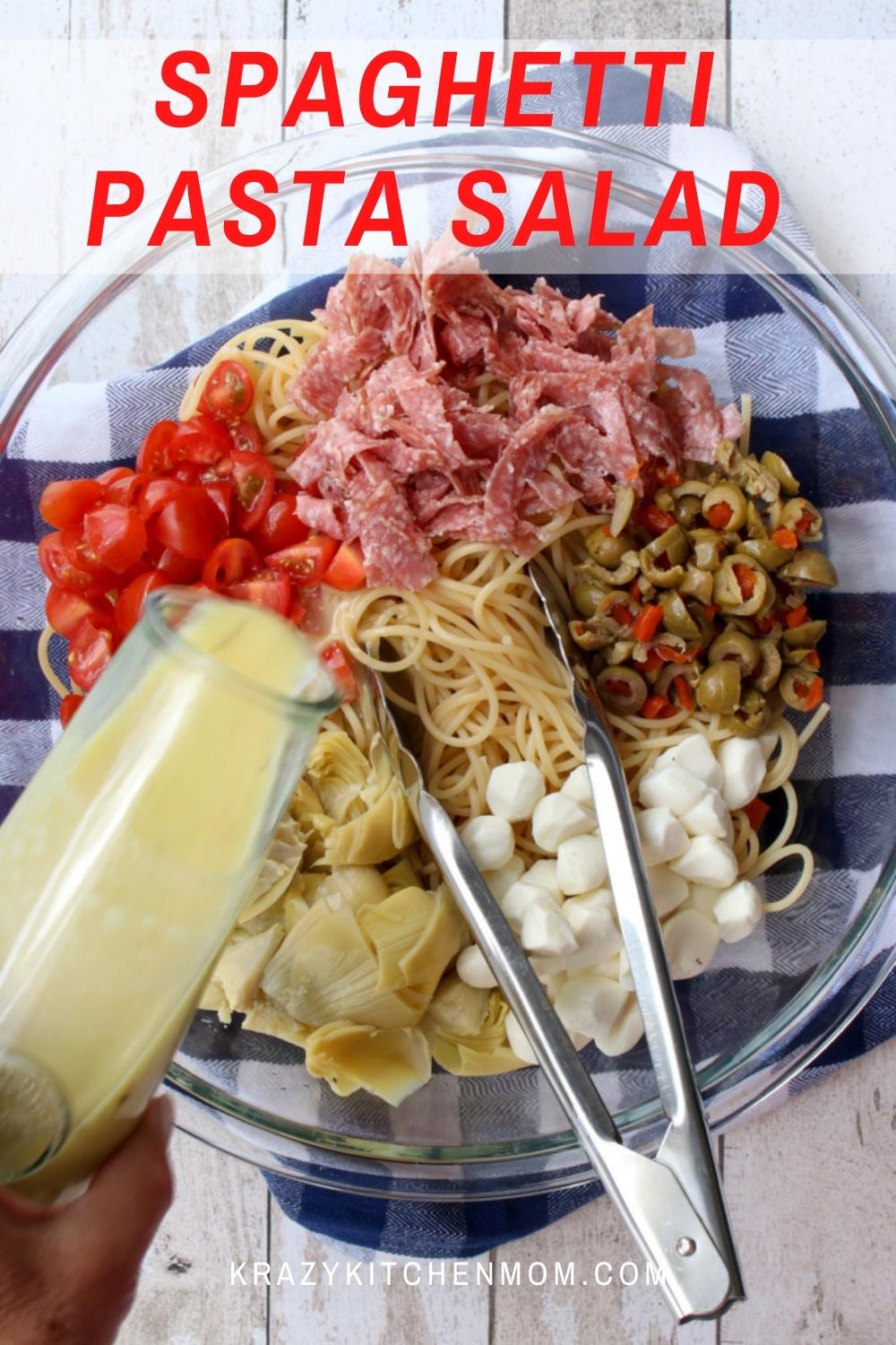 A classic summer pasta salad loaded with veggies and salami tossed in a robust zingy parmesan salad dressing.  via @krazykitchenmom