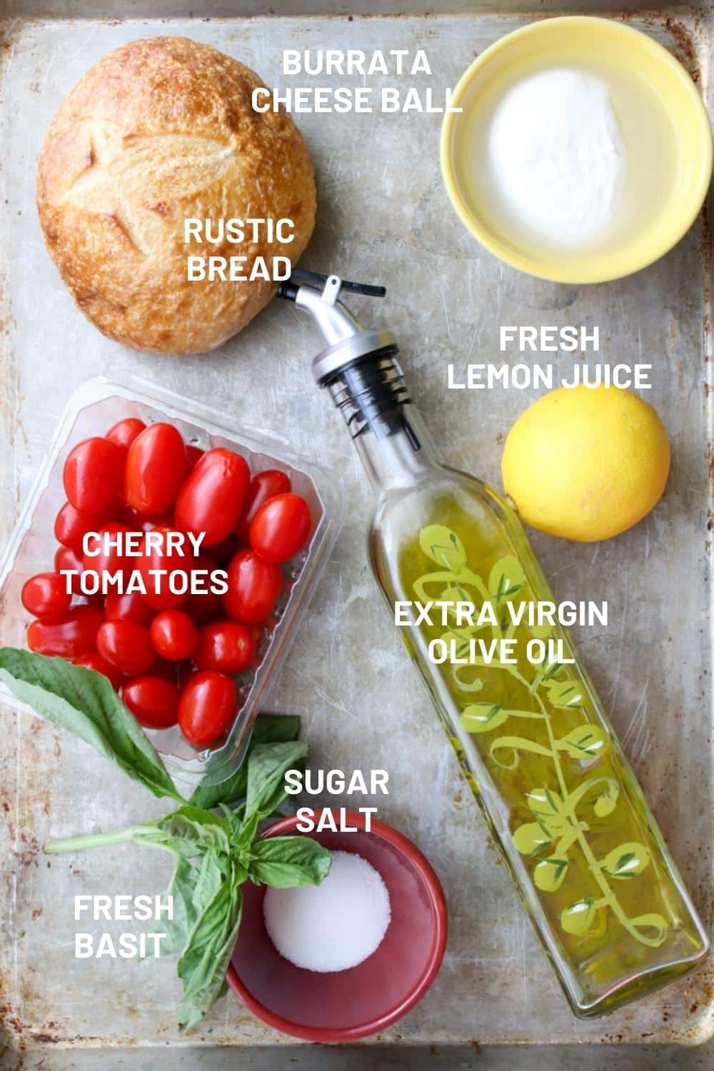 Ingredients to make burrata with tomato confit