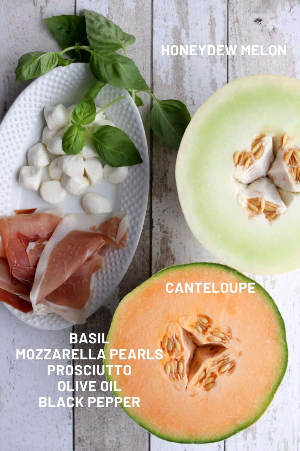 ingredients to make melon ball prosciutto salad