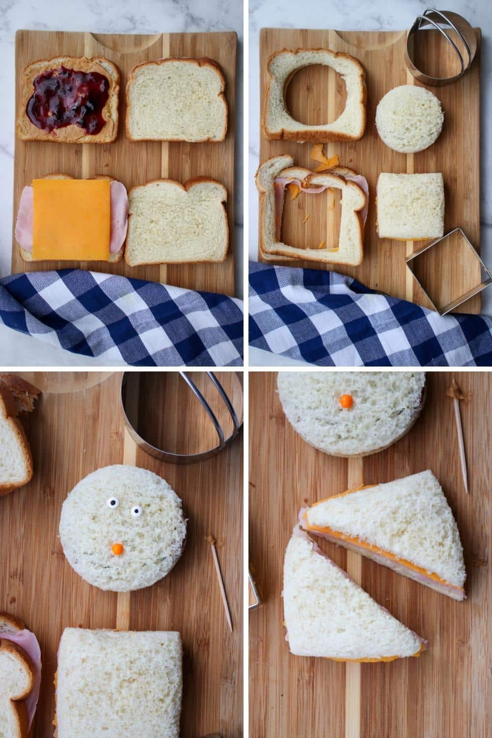 four photos showing how to cut kid-friendly sandwiches