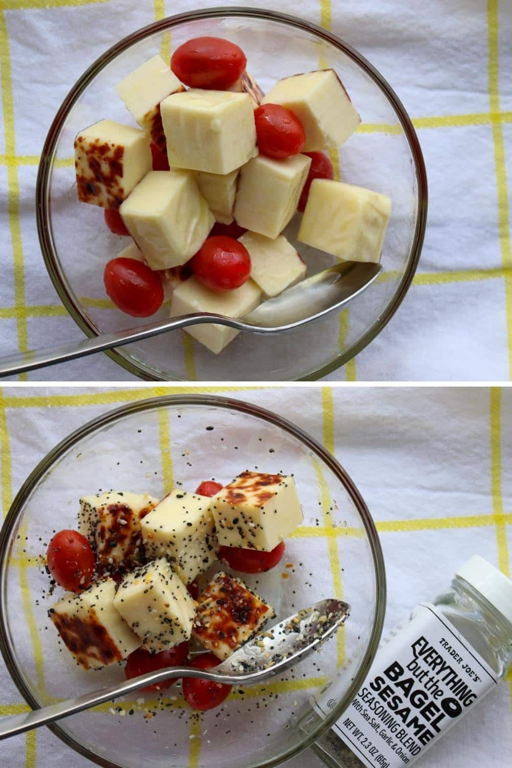 two photos showing cubed bread cheese and halved cherry tomatoes in bowls with olive oil and everything bagel seasoning