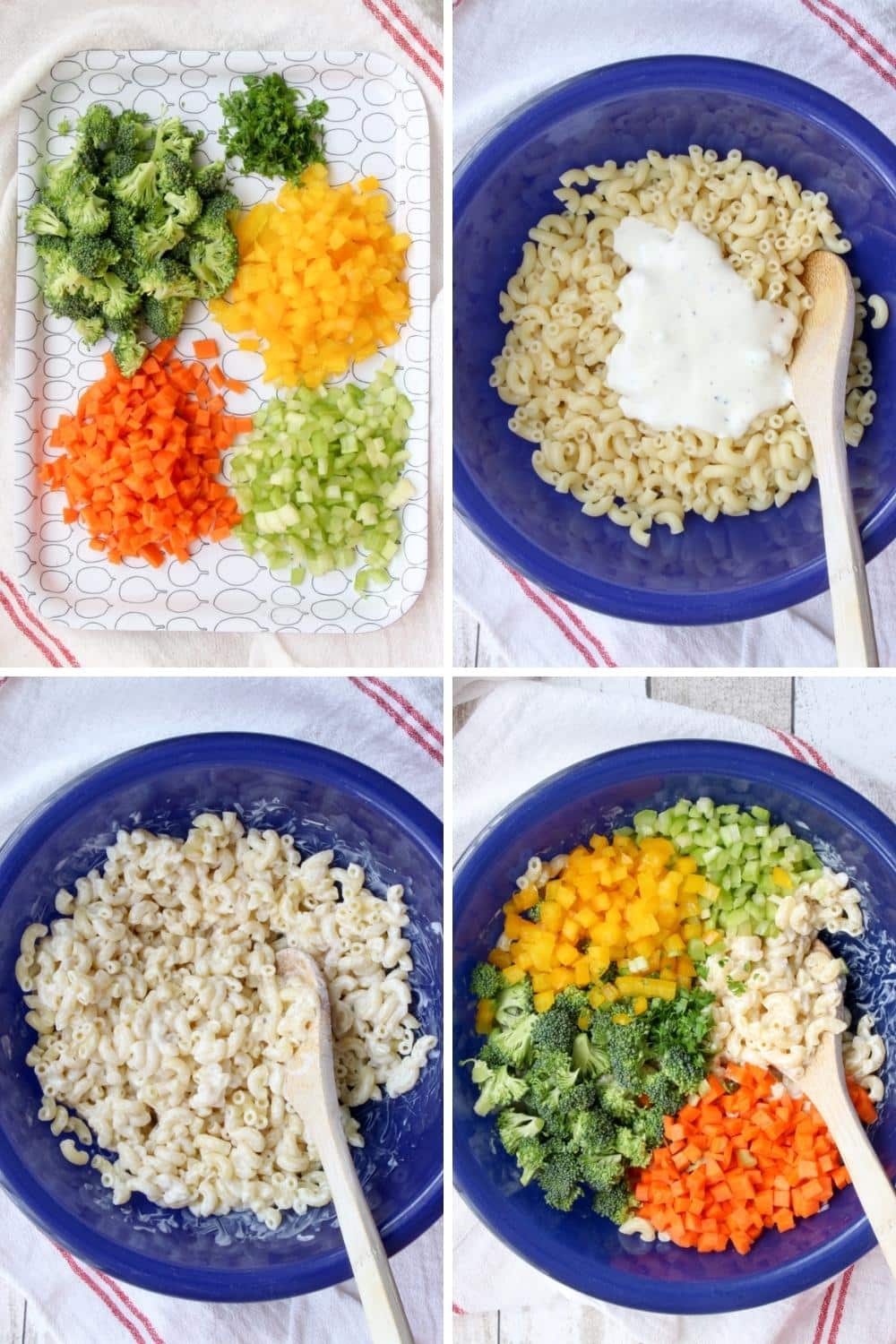 collage showing how to make vegetable pasta salad