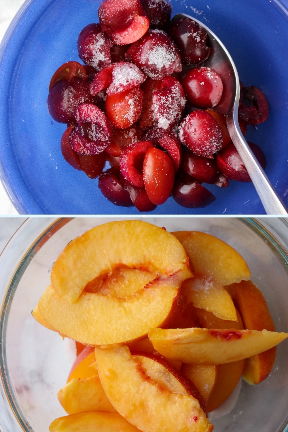 sliced cherries in a bowl and sliced nectarines in a bowl