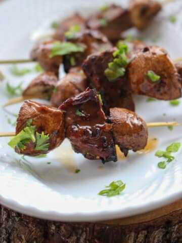 photo of steak and mushroom skewer