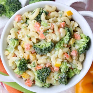 Bowl of creamy vegetable pasta salad