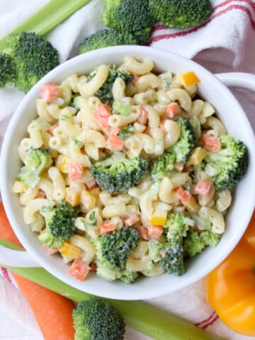 Bowl of creamy vegetable pasta salad