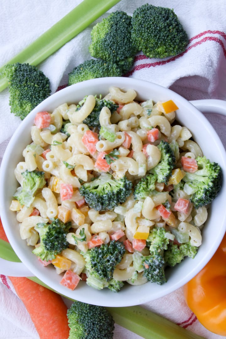 bowl of creamy veggie pasta salad