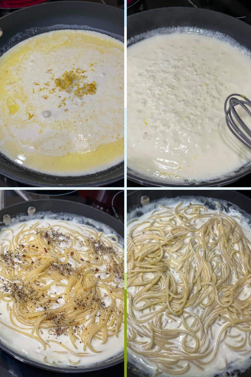 four photos of pasta cooking