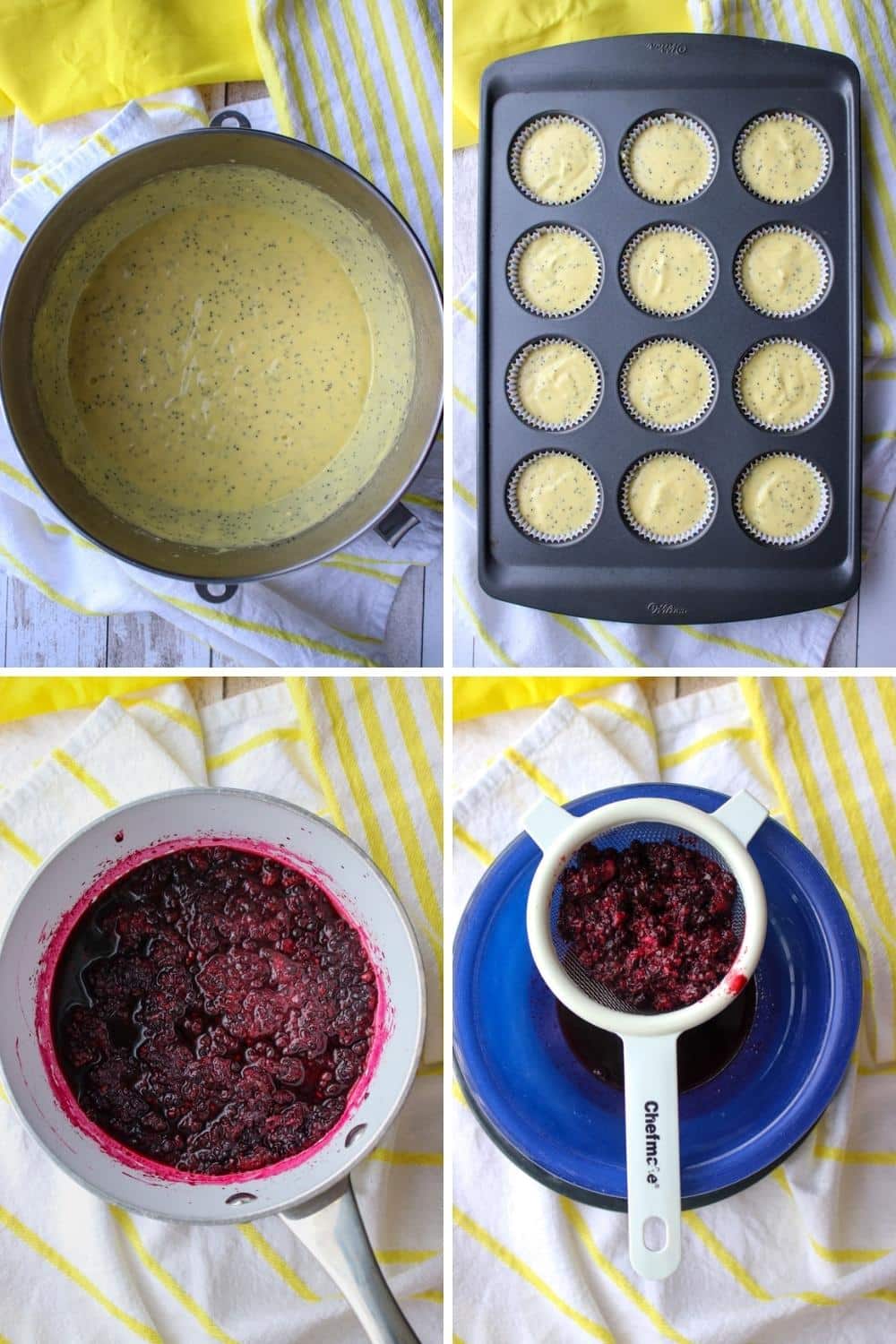 Steps to make lemon poppy seed cupcakes with blackberry buttercream