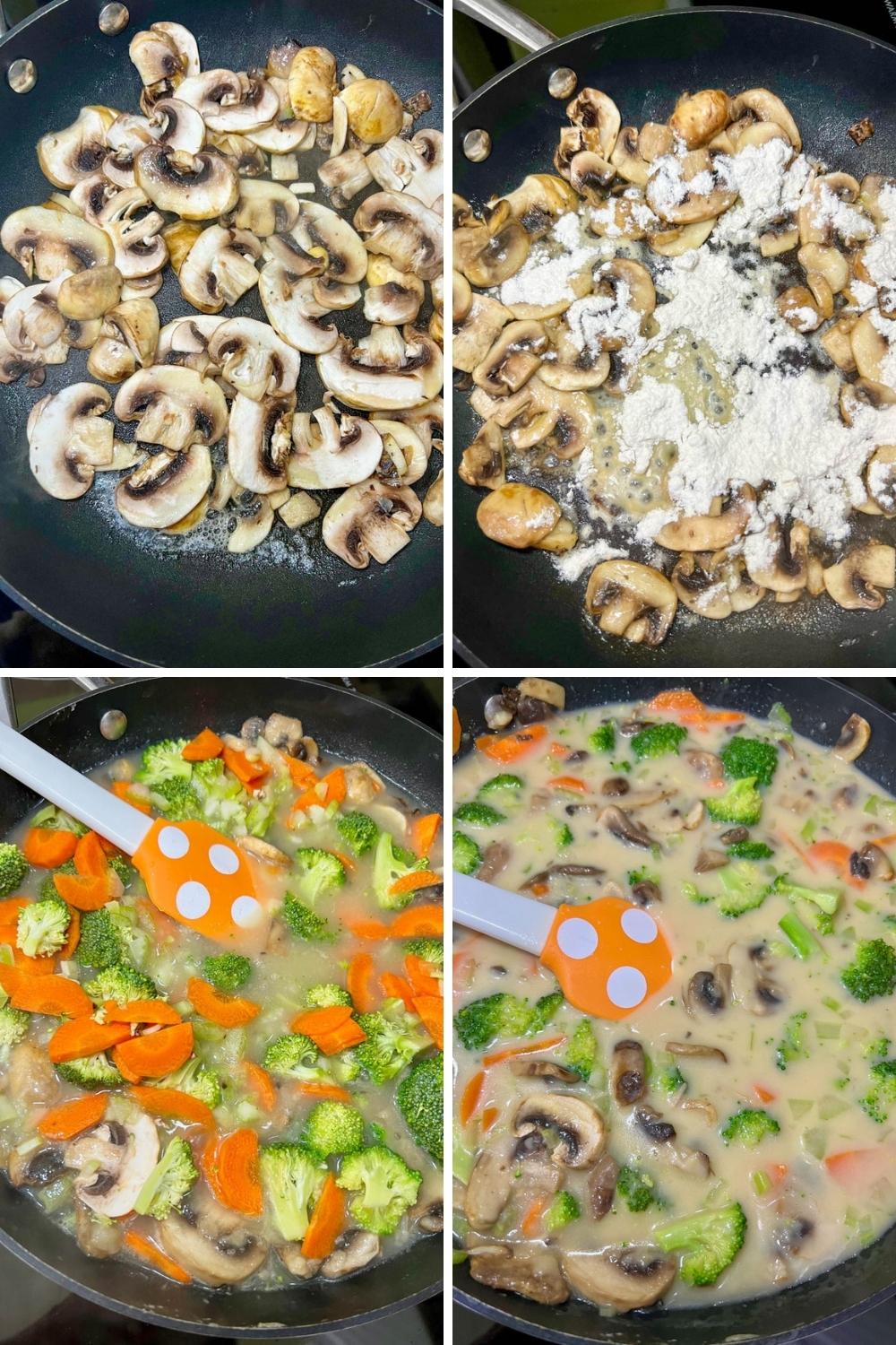 4 photos showing how to make chicken tetrazzini