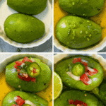 four photos showing how to make avocado salad