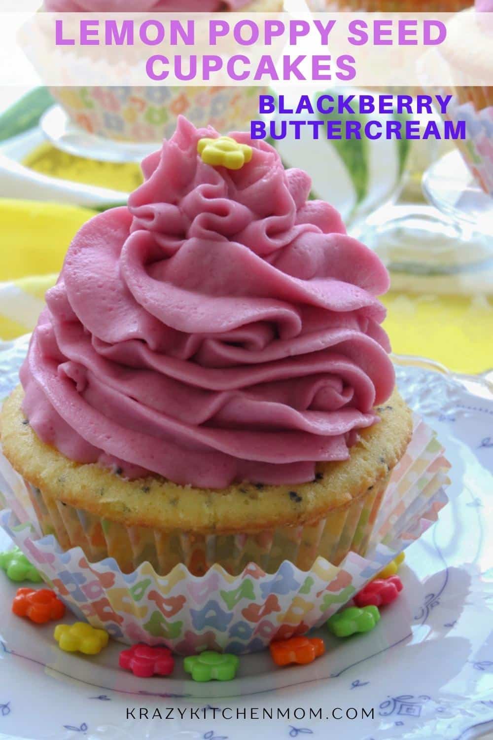 Light fluffy lemony cupcakes with a little crunch from poppy seeds topped with a beautiful fresh blackberry buttercream frosting. via @krazykitchenmom