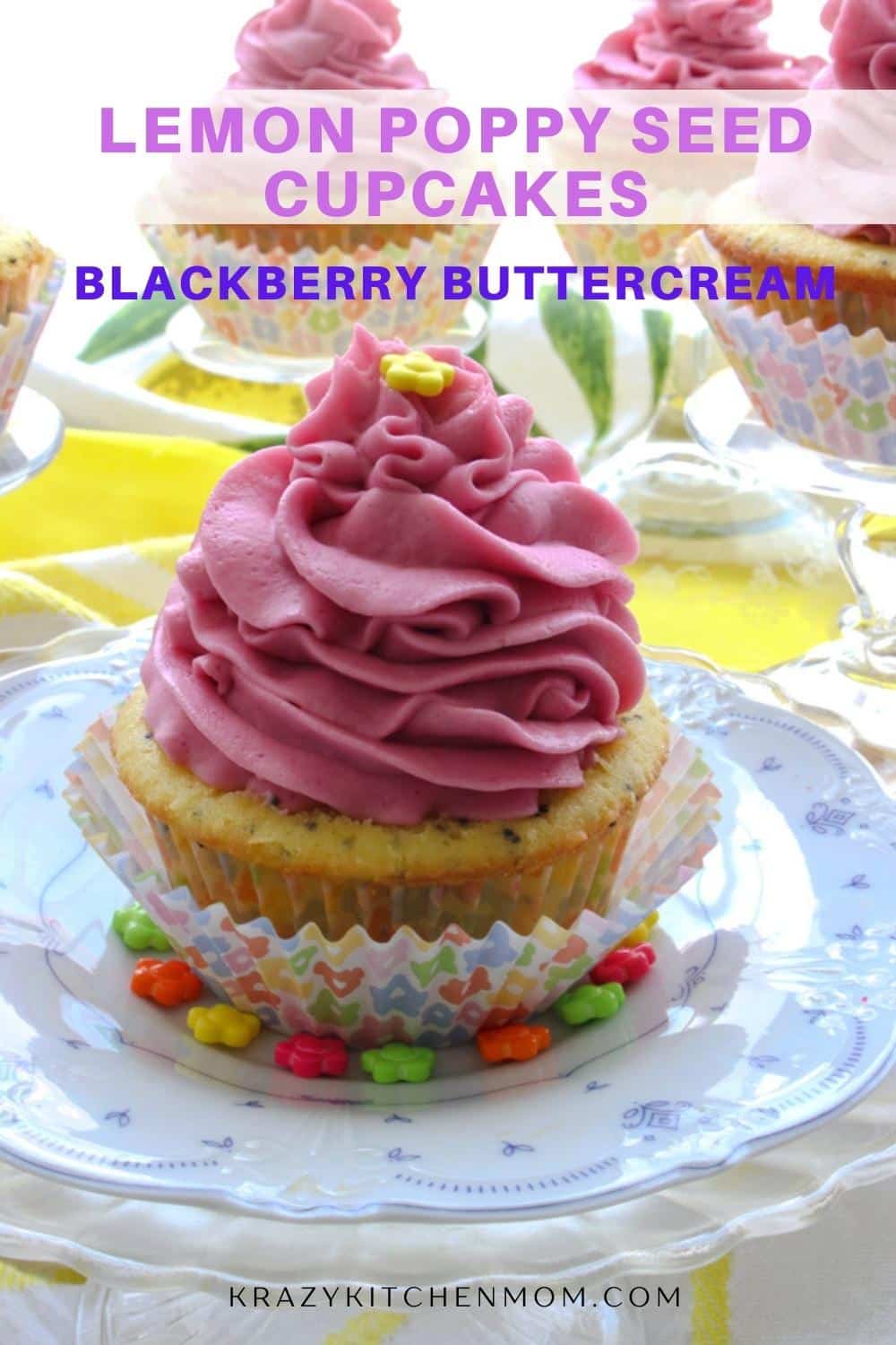 Light fluffy lemony cupcakes with a little crunch from poppy seeds topped with a beautiful fresh blackberry buttercream frosting. via @krazykitchenmom