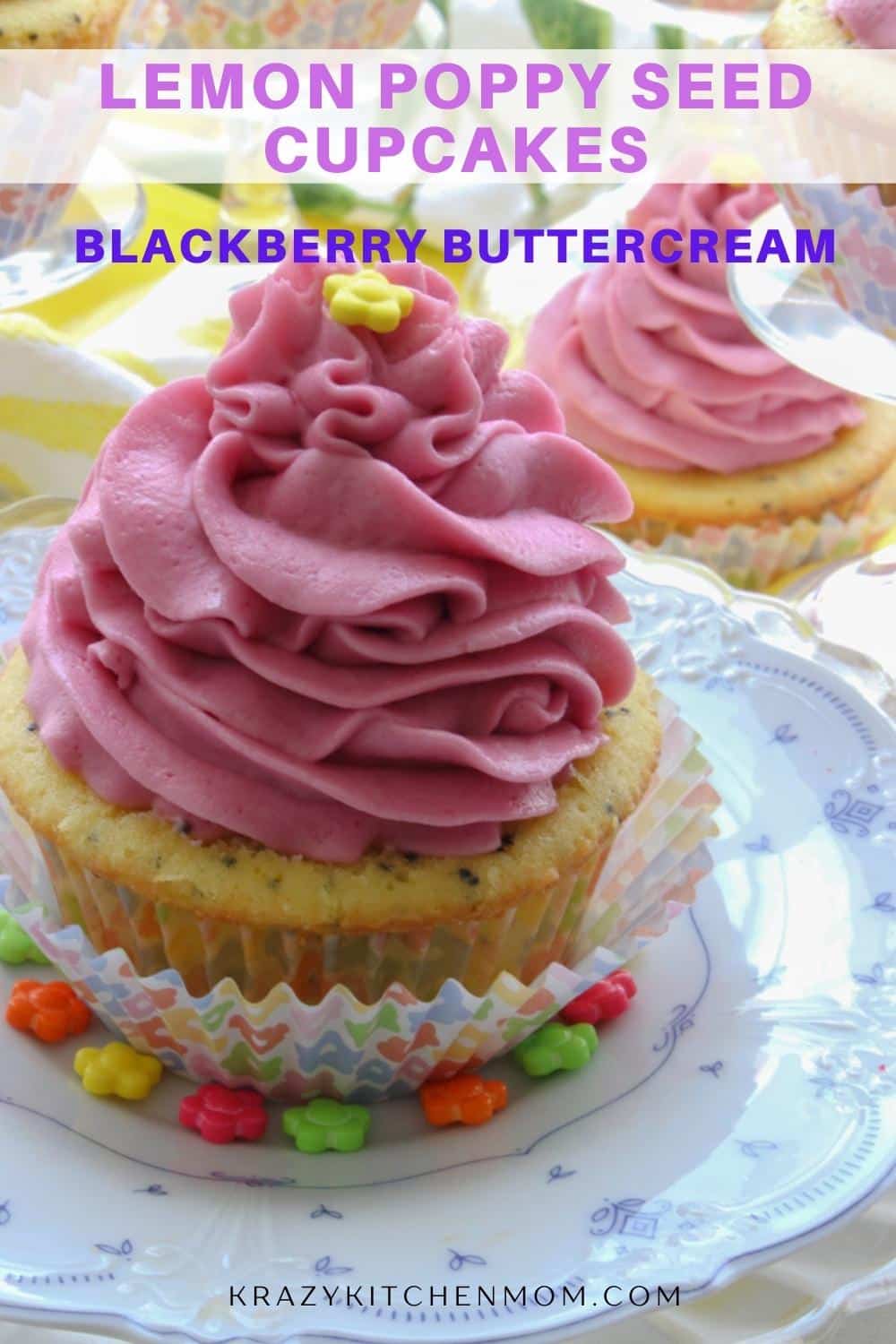 Light fluffy lemony cupcakes with a little crunch from poppy seeds topped with a beautiful fresh blackberry buttercream frosting. via @krazykitchenmom