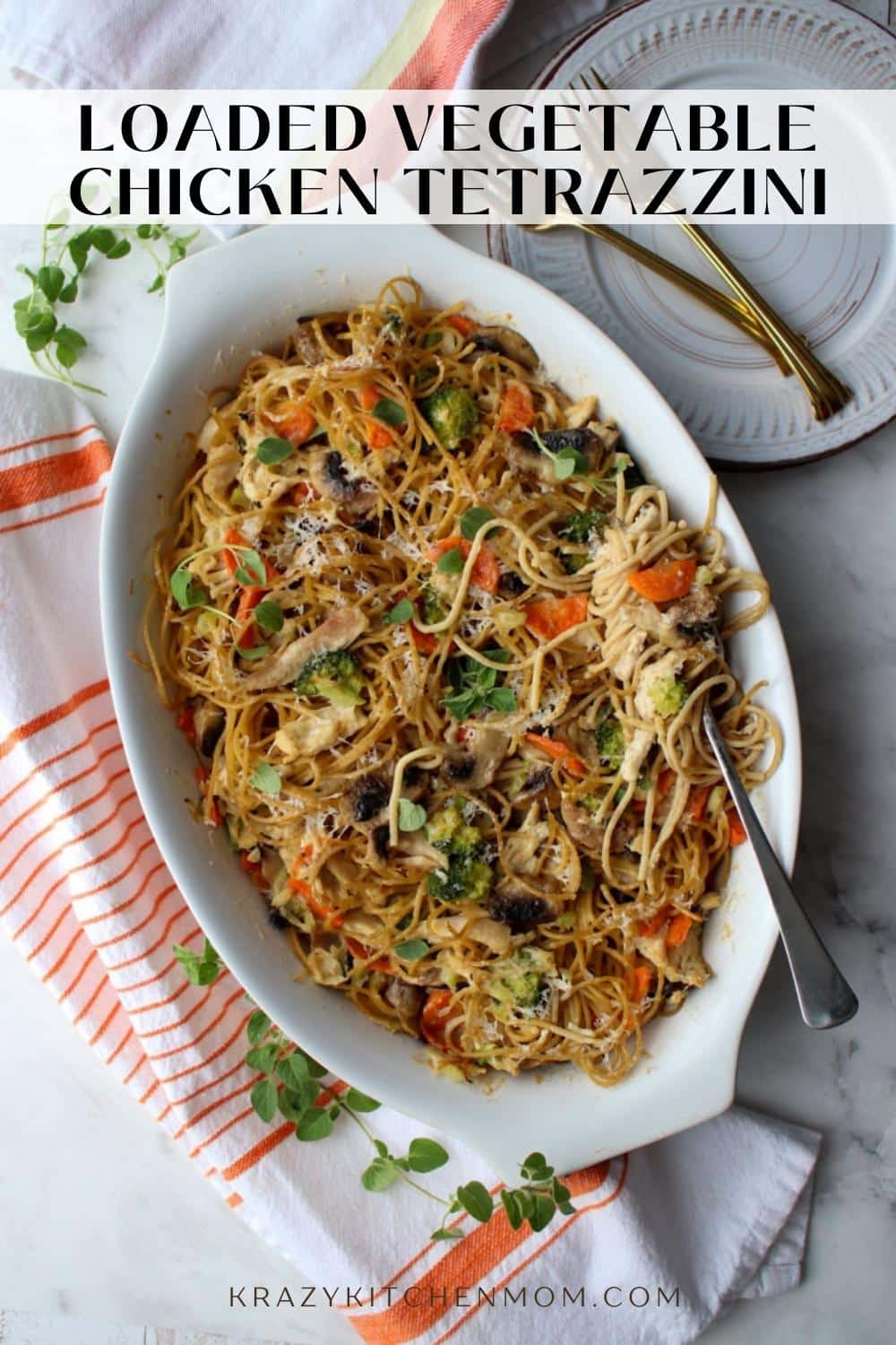 An easy Chicken Tetrazzini recipe loaded with fresh vegetables and rotisserie chicken. It's the perfect weeknight chicken casserole. via @krazykitchenmom