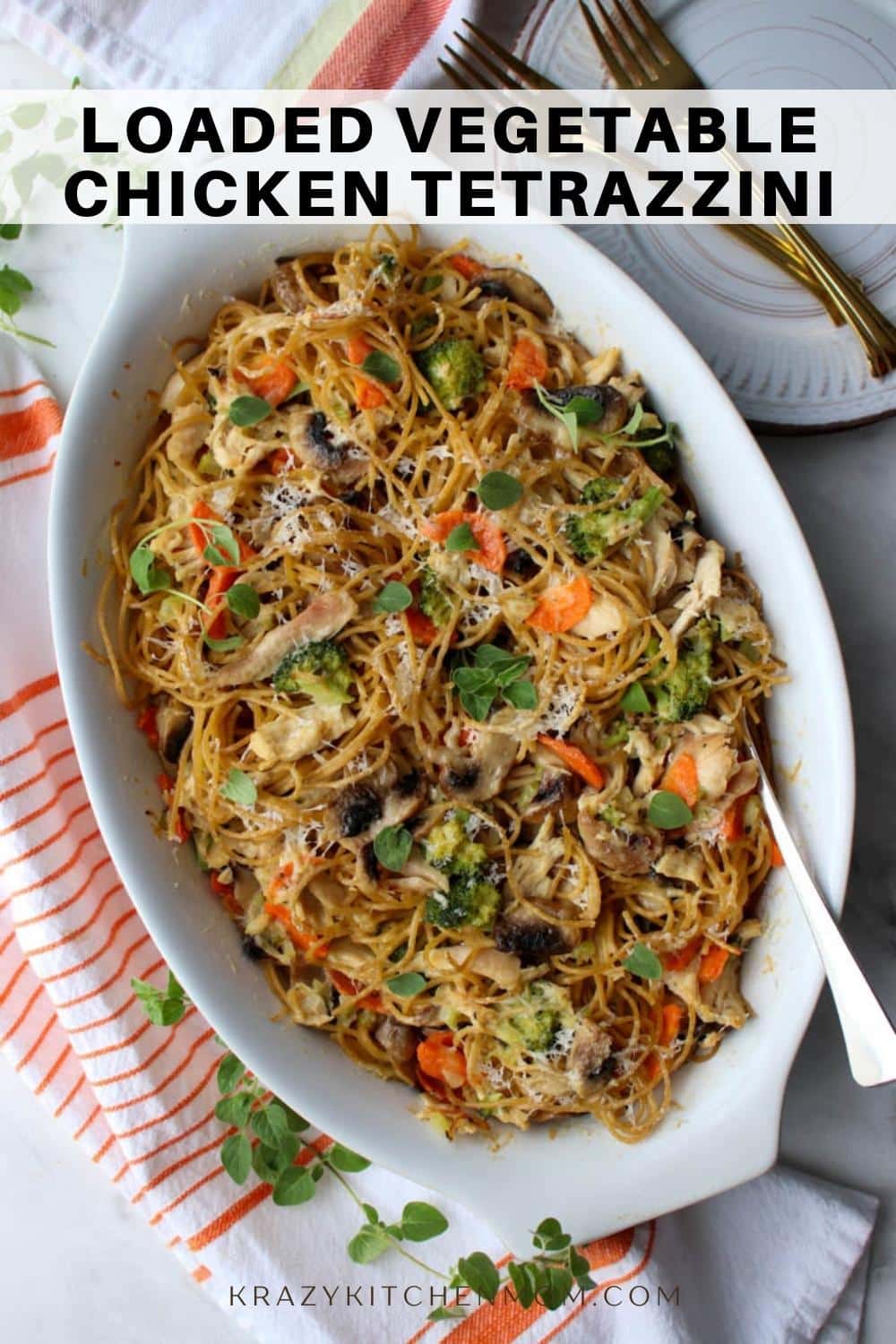 An easy Chicken Tetrazzini recipe loaded with fresh vegetables and rotisserie chicken. It's the perfect weeknight chicken casserole. via @krazykitchenmom