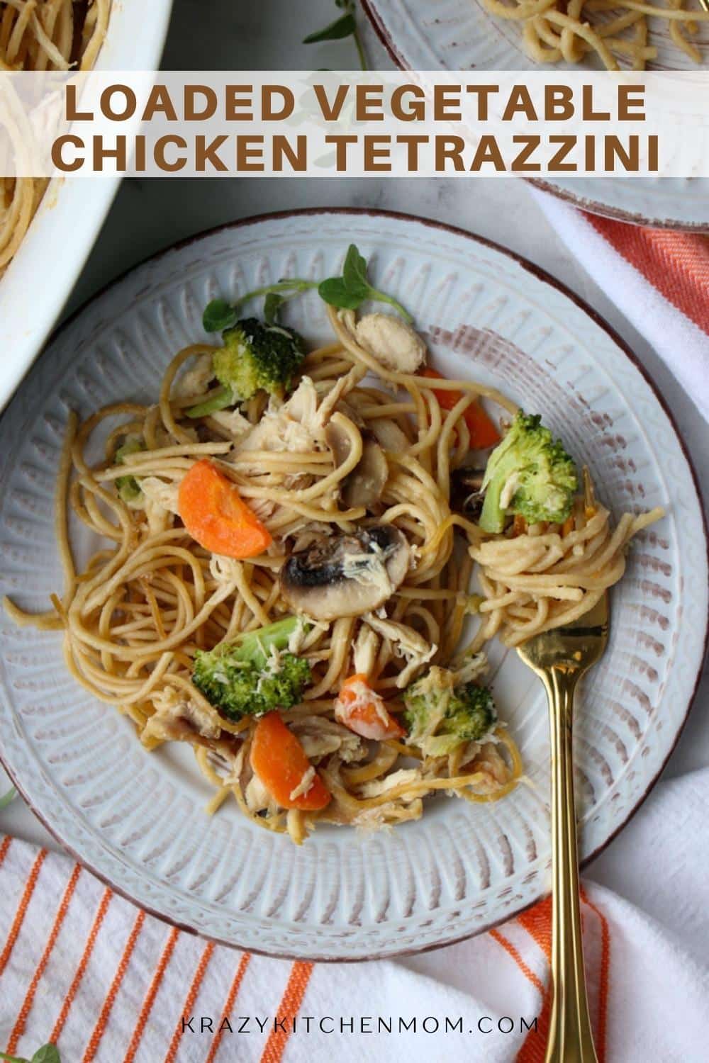 An easy Chicken Tetrazzini recipe loaded with fresh vegetables and rotisserie chicken. It's the perfect weeknight chicken casserole. via @krazykitchenmom