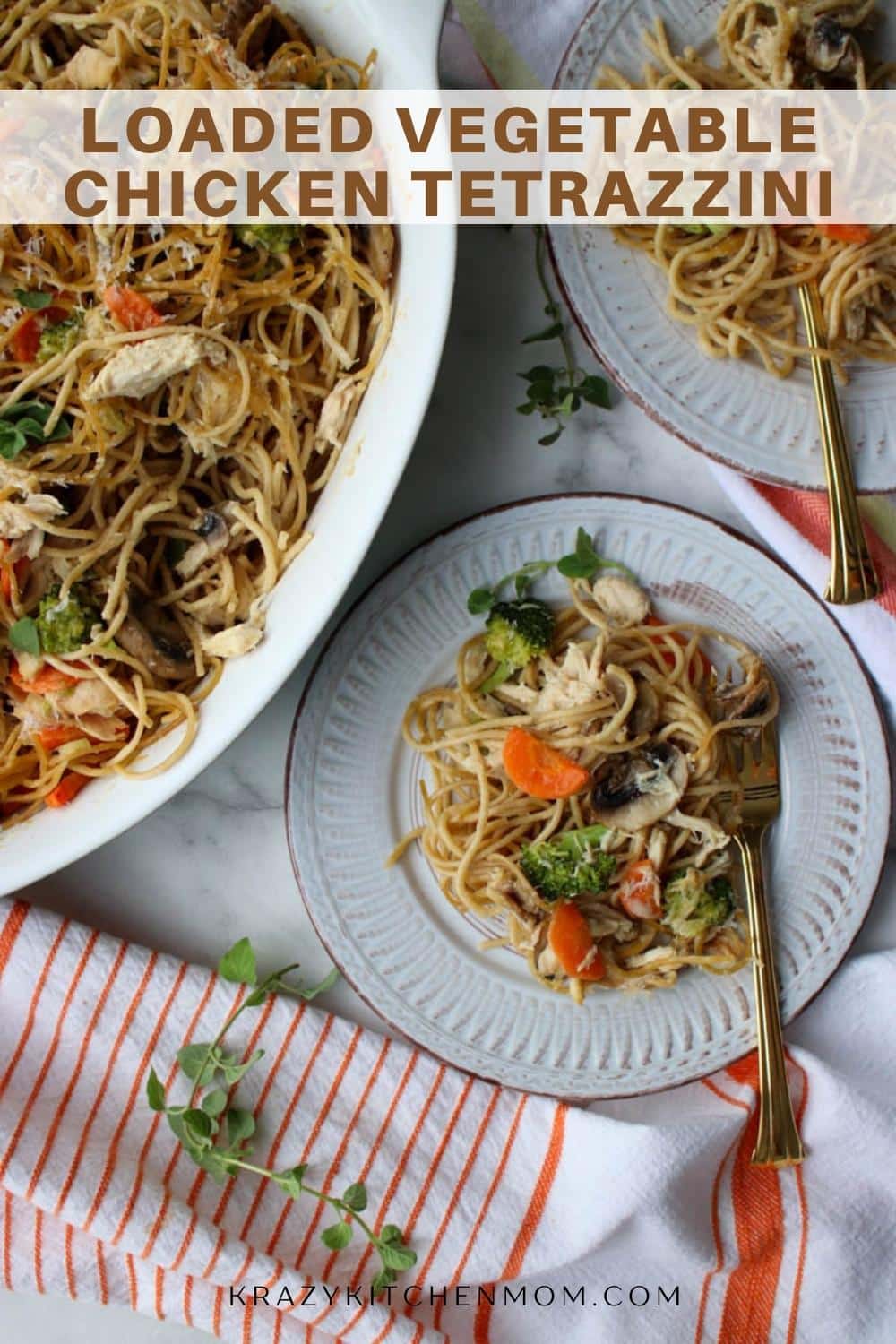 An easy Chicken Tetrazzini recipe loaded with fresh vegetables and rotisserie chicken. It's the perfect weeknight chicken casserole. via @krazykitchenmom