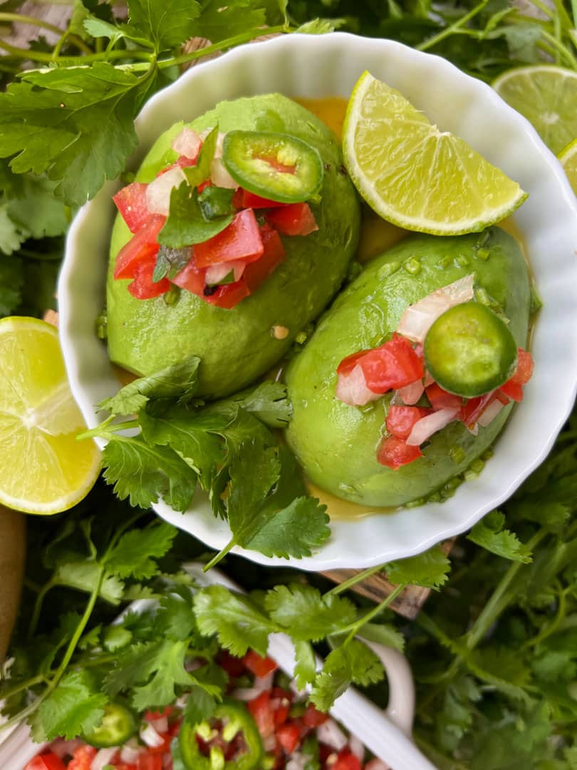 Dress up a whole avocado with this super simple salad recipe made with a whole avocado and a cilantro vinaigrette. via @krazykitchenmom