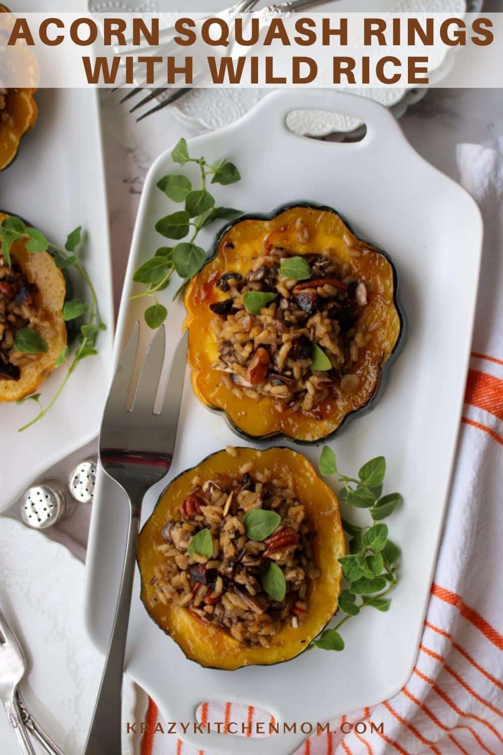 Perfectly baked sweet acorn squash rings filled with savory wild rice pilaf is a wonderful side dish or a full vegetarian meal. via @krazykitchenmom