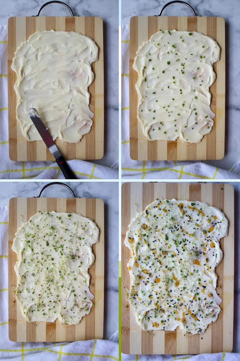 4 photos showing how to make a bread and butter board