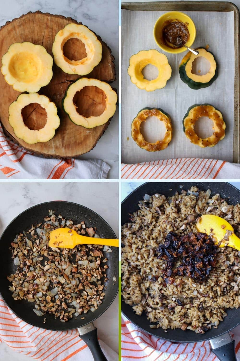 four photos showing how to make squash rings with rice