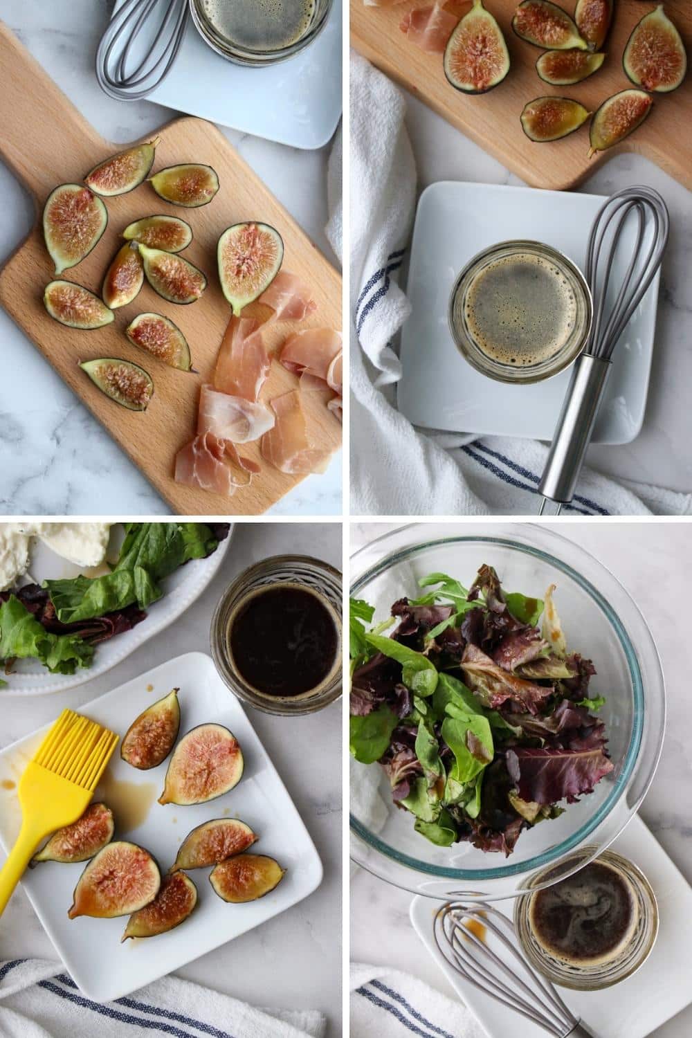 four photos showing how to make a burrata fig appetizer platter