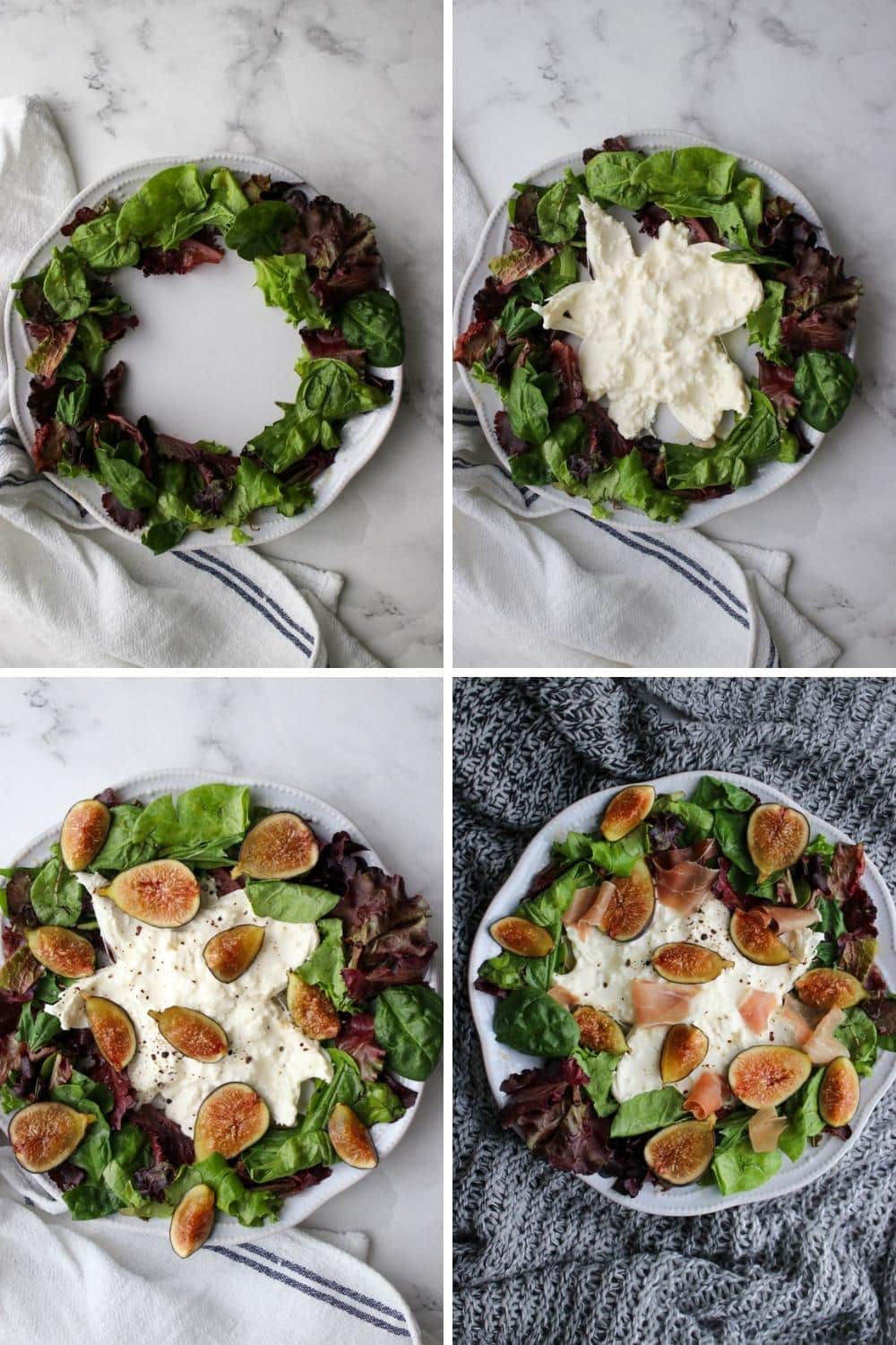 four photos showing how to make a burrata fig appetizer platter