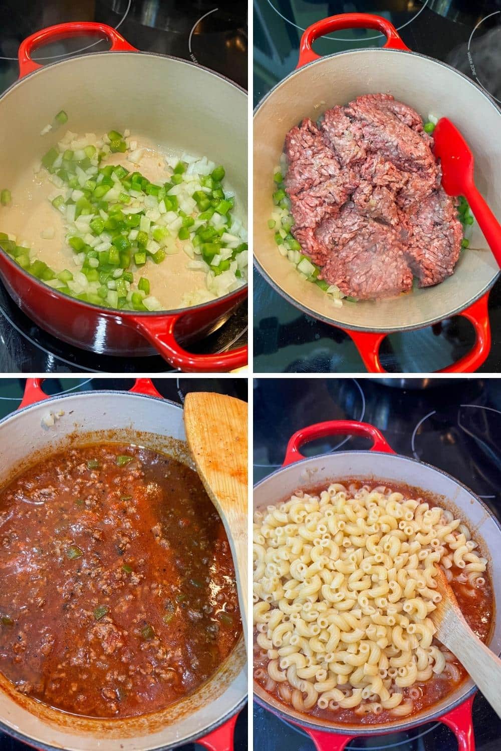 four photos showing how to make American Goulash