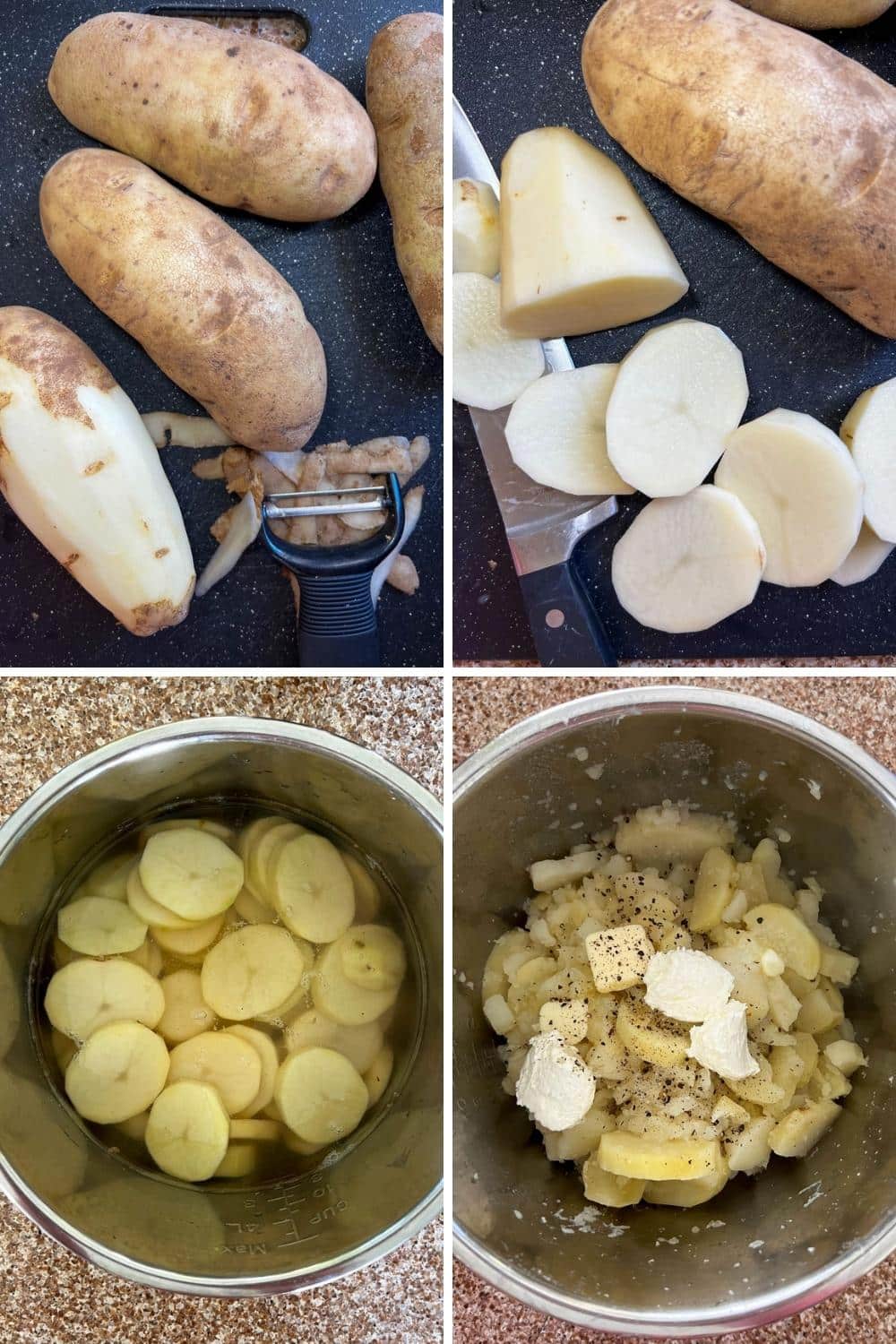 four photos showing how to make instant pot mashed potatoes