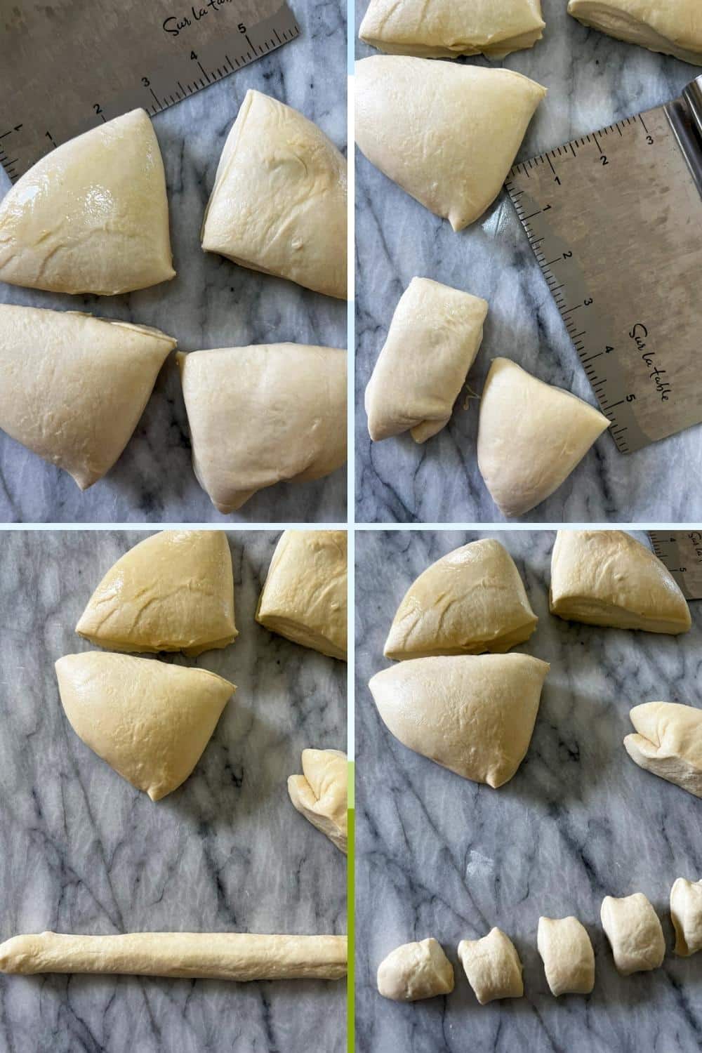 four photos showing how the roll strips of the dough and cut them into bite-sized pieces