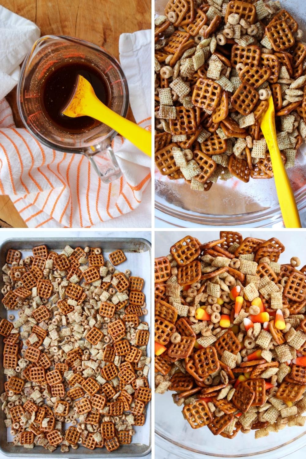 Photo collage showing how to make pumpkin pie spice party mix