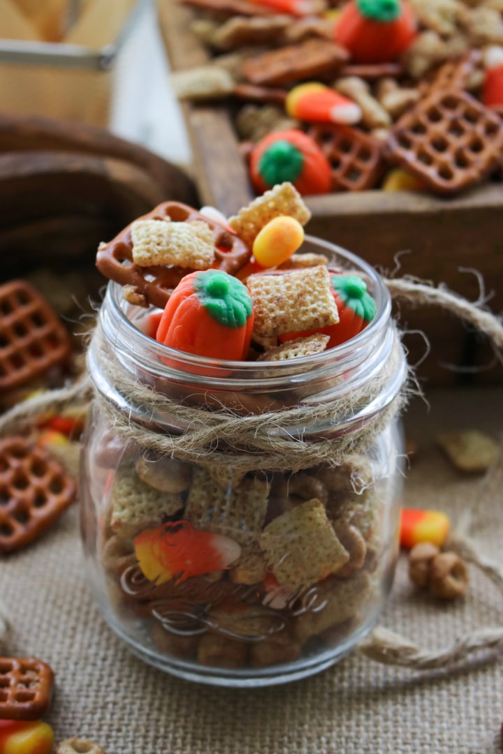 jar of pumpkin pie spice party mix