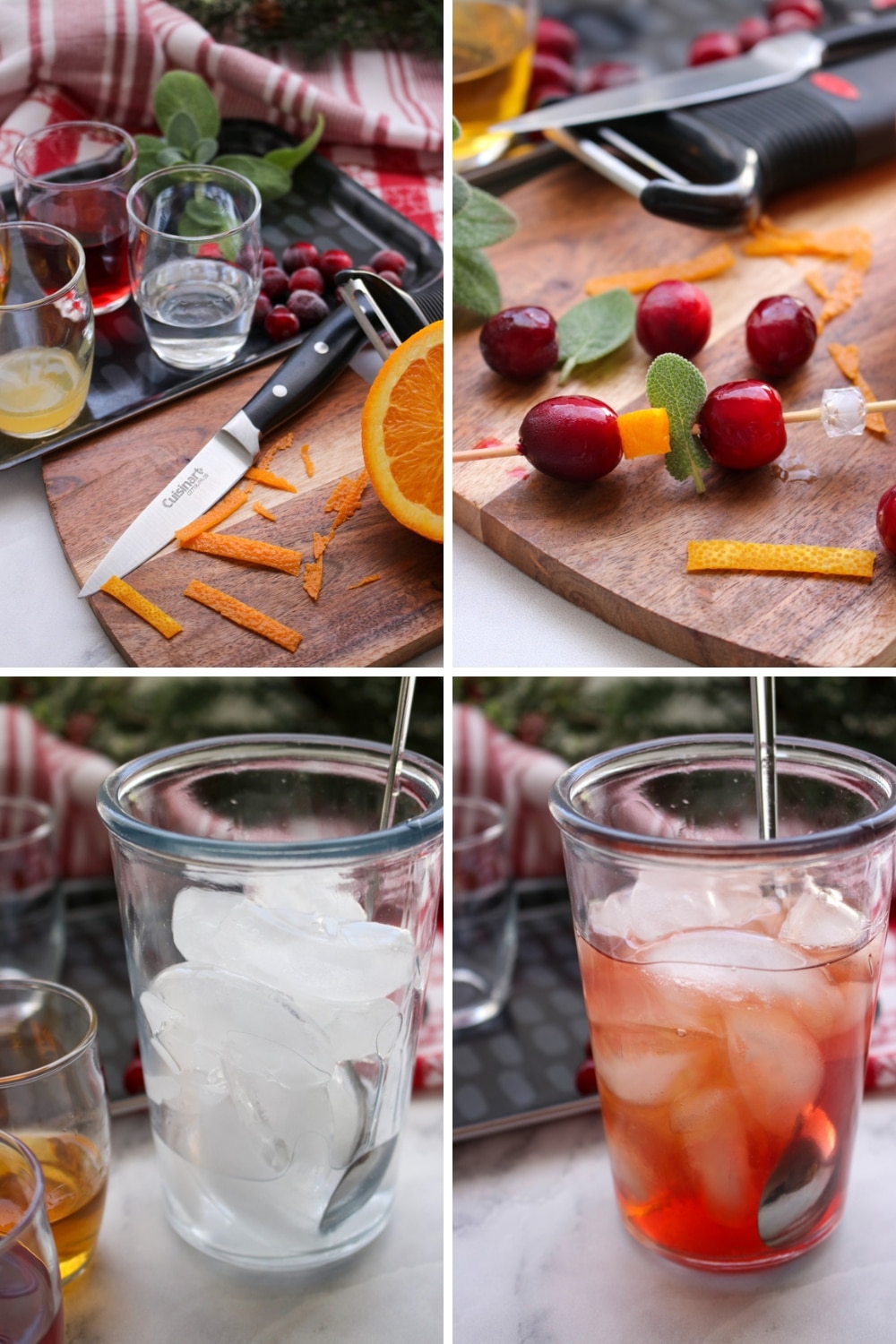 four photos showing how to make cranberry sage martini