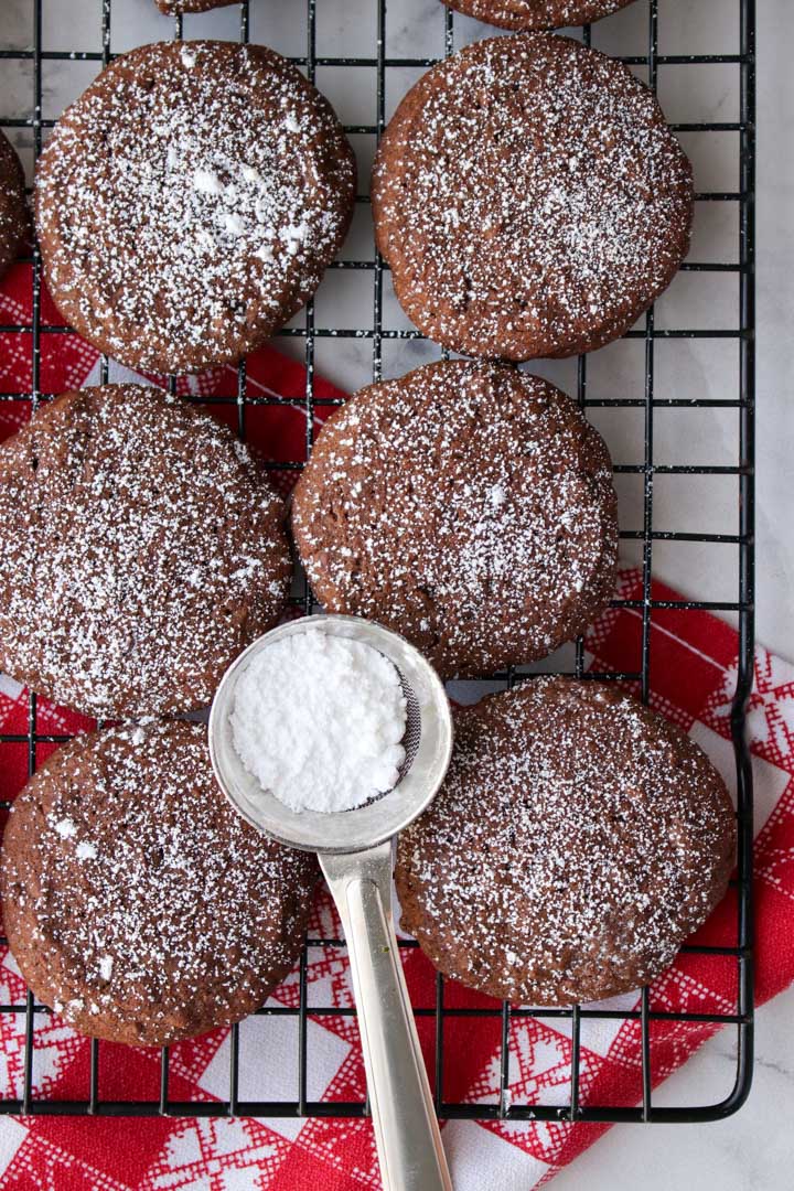 Mexican Hot Chocolate cookies on a wire rack dusted with powdered sugar and a small sifter of powder sugar sitting on top of cookies