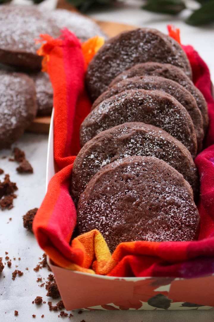 Mexican hot chocolate cookies in a box lined up one behind another. Crumb surrounding box