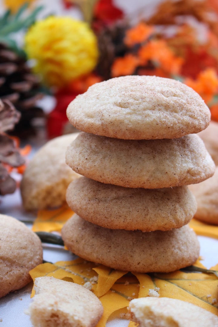 Stack of snickerdoodle cookies with fall background decorations.