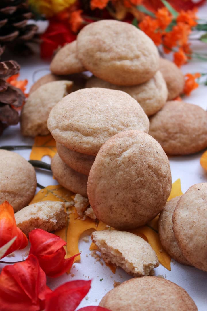 Pile of snickerdoodle cookies with fall background decorations.