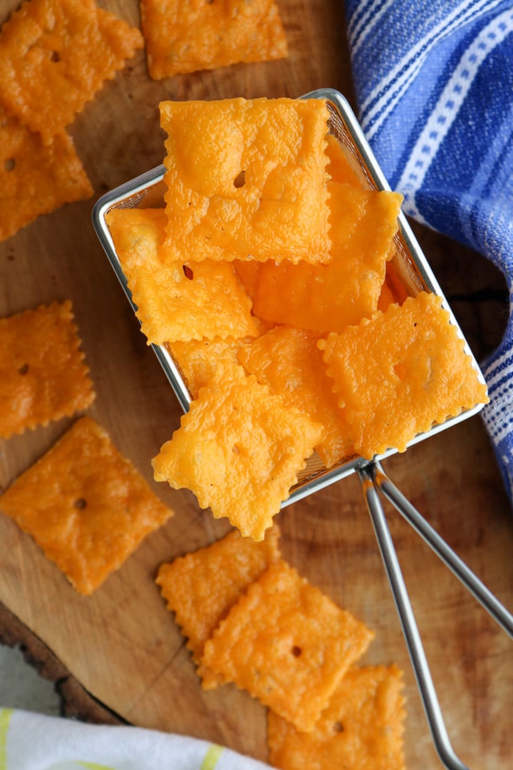 wire basket of cheese crackers