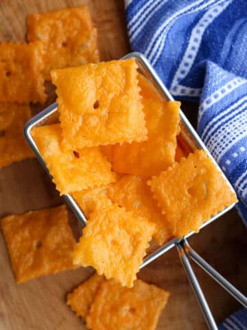 wire basket of cheese crackers