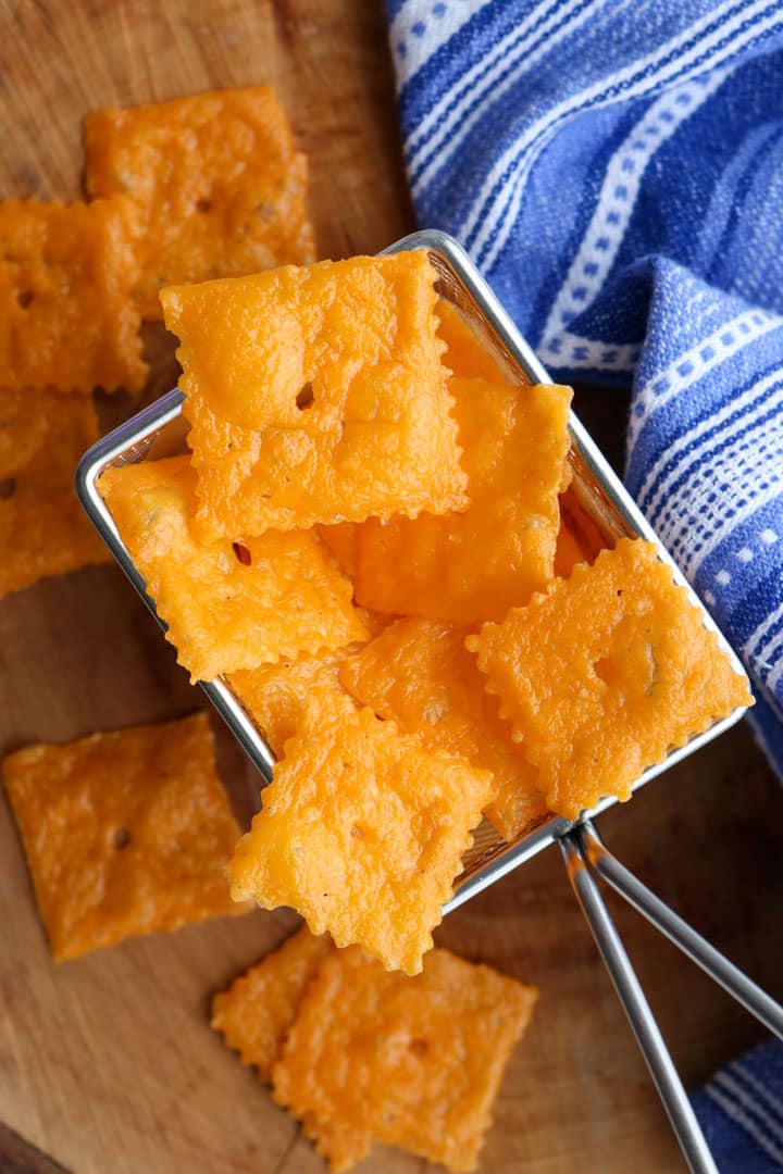 wire basket of cheese crackers