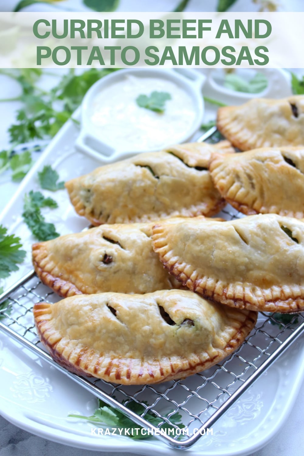 Tasty hand pies filled with medium-spice beef curry, potatoes, and peas. Served with a tangy spicy cool Greek yogurt sauce. via @krazykitchenmom