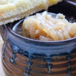 close up shot of a bowl of onion soup